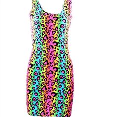 Neon Animal Print Dress, Glows Under Black Light, Never Worn (Bin A) Fun Multicolor Fitted Mini Dress, Fun Fitted Mini Dress, Fun Fitted Multicolor Mini Dress, Fitted Rainbow Print Dress, Fun Multicolor Mini Length Dresses, Summer Party Dress With Rainbow Print, Pink Rainbow Print Dress For Spring, Spring Pink Dress With Rainbow Print, Lisa Frank Outfit