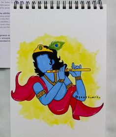 a drawing of a blue man playing flute