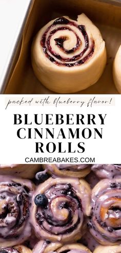 blueberry cinnamon rolls in a box with text overlay