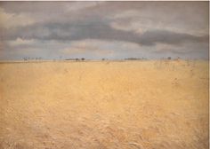 an oil painting of a field with clouds in the background