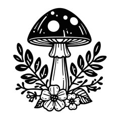 a black and white drawing of a mushroom surrounded by leaves, flowers, and berries