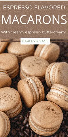 macarons with creamy espresso buttercream on top and coffee beans in the background