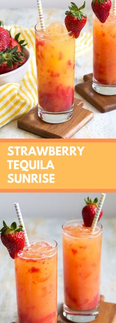 two glasses filled with strawberry lemonade and strawberries