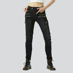 Black biker jeans for women online—excellent jeans from the 2022 Autumn collection. Street style lets you focus on individualism and not strictly on current fashion trends. The black color is elegant and has a thinning effect. Color denim stands out because it brings a different mood. The skinny model doesn't restrict movements, and it let you feel free. The high waist emphasizes the length of the wearer’s legs and provides a curvier body. Cotton is strong and wear-and-tear resistant material. C Basic Wardrobe Pieces, Street Style Aesthetic, White Jeans Men, Yellow Denim, Moto Jeans, Monochrome Design, Biker Jeans, Style Rock, Current Fashion