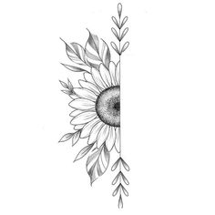 a black and white drawing of a sunflower with leaves on it's side