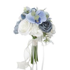 a bridal bouquet with blue and white flowers on the side, tied in a ribbon