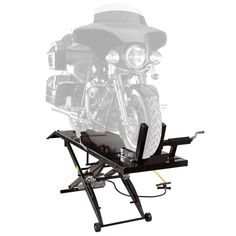 The premium pneumatic, air-operated, 78.75" long by 24" wide Black Widow Motorcycle Lift Table and Stand accommodates almost any motorcycle on the market up to 1,000 pounds for service, maintenance, cleaning and bike shows. Lifting 7" to 33" using the BW-1000A requires 90-100 PSI through a foot pedal for hands free operation. The 78.75" long platform table is features a 24" approach ramp, an over-sized wheel clamp, and a 11.5" by 21.75" rear drop panel for rear wheel access. Includes multiple sa Motorcycle Lift Table, Outboard Motor Stand, Motorcycle Lift, Wheel Dollies, Wheelchair Bags, Motorcycle Tips, Lifting Platform, Kayak Rack, Loading Ramps