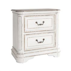 a white dresser with two drawers on it