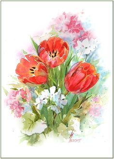 watercolor painting of red tulips and white flowers