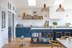 a dog sitting in the middle of a kitchen next to a table with books on it