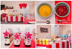 a collage of pictures with various foods and drinks on display at a birthday party