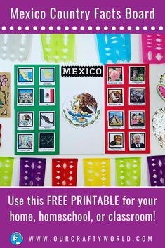 the mexican country fact board is displayed with colorful pictures and text that reads use this free printable for your home, homeschool