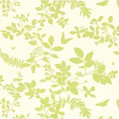 a white and yellow wallpaper with green leaves on it