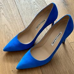 Manolo Blahnik Bb Blue Size 38. 4” Heel Height. New, Never Worn. They Are Beautiful And Unfortunately Too Large For Me. Comes With Dust Bag. Classic Blue High Heels, Luxury Blue Heels, Designer Blue Almond Toe Heels, Blue Manolo Blahnik Shoes Wedding, Luxury Fitted Blue Heels, Manolo Blahnik Blue Heels, Classic Blue Heels With 4-inch Heel, Manolo Blahnik Flower Heels, Manolo Blahnik Vintage Heels