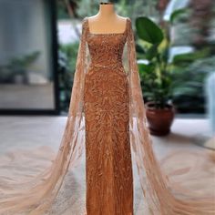 Luxury Gold Mermaid Dubai Evening Dress Plus Size Formal Party Gowns for Women Wedding – DreamyVow Dresses With Cape Sleeves, Evening Dresses Short Parties, Dubai Evening, Pink Luxury, Haute Couture Gowns, Evening Dresses Short, Long Sleeve Gown, Evening Dresses Plus Size, Ball Gowns Evening