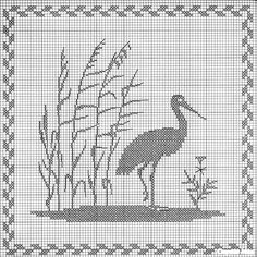 a cross stitch pattern with a bird and reeds