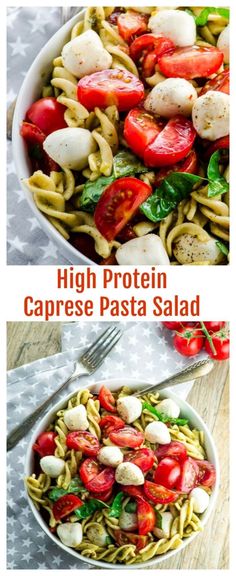 two pictures showing different types of pasta salads with tomatoes, mozzarella and spinach