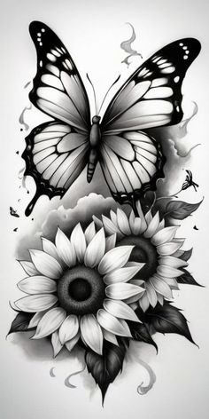 a black and white drawing of a butterfly with sunflowers