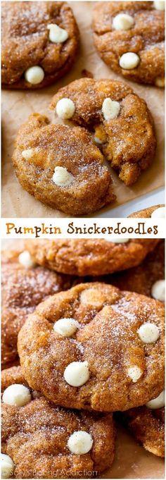 pumpkin spiced cookies are stacked on top of each other and have white chocolate chips