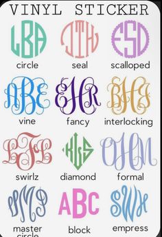 the different types of monogrammed stickers are shown in various colors and font