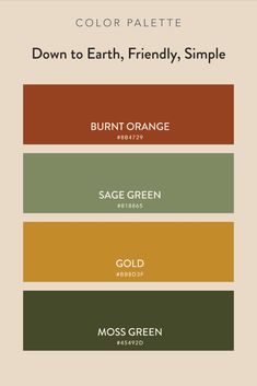 the color palette for burnt orange, burnt green and moss green is shown in three different colors