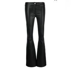 Never Work With Tags On. Black Leather Pants With Slight Flare. Button And Zip Fly With Elasticized Waist In The Back. Full Length. Soft Leather Flared Leather Pants, Low Waisted Pants, Petite Leggings, Black Flare Pants, Cropped Flare Pants, Brown Dress Pants, Stretch Dress Pants, Lace Pants, Black Leather Pants