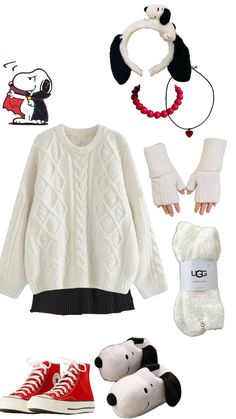 a white sweater, red and black shoes, an earring necklace, two pairs of mittens