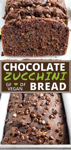 chocolate zucchini bread is cut into slices and placed on a white platter