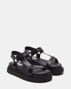 MATINA Black Leather Platform Sandal | Women's Sandals – Steve Madden Black Flatform Sandals, Steve Madden Sandals Heels, Dansko Sandals, Dubai Outfits, Flatform Sandals, Leather Platform Sandals, 2 Inch Heels, Strap Design, Women's Sandals