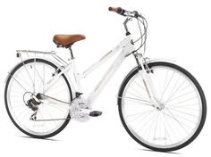 a white bicycle with brown seat and handlebars on the front wheel, isolated against a white background