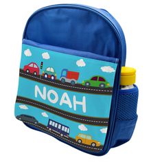 If your child is fascinated by cars, then they will love this personalised backpack! It can be customised with your child's name. This makes it the perfect backpack for school or for trips out and about. It's also made from durable materials that can withstand everyday wear and tear. Our backpack is made of a high-quality canvas cotton and polyester blend, designed to survive all adventures! The straps are padded so they're super comfy and make the bag easy to carry for your little human! Your c Customizable Blue Backpack For Travel, Customizable Blue School Bag, Personalized Blue Backpack For Travel, Personalized Blue Travel Backpack, Personalized Blue Standard Backpack, Blue Personalized Standard Backpack, Customizable Blue Standard Backpack, Backpack For School, Toddler Bag