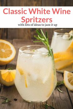 two glasses filled with lemonade and rosemary spritzers on top of a wooden table