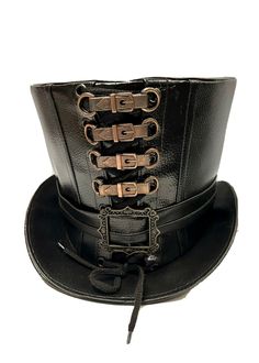 This is a stunning black  top hat. It is heavy and fully lined. The front has metal rustic buckle detail. This hat is in size 61cm  It is a stunning individual one off hat. The hat is brand new and unworn.high quality by raven SDL . Please note any textures on the fabric are characteristics of the fabric and not defects . This is a hand made hat. Hand crafted with love Thank you for looking Gothic Hats, Black Top Hat, Top Hats, Have Metal, Hair Reference, Top Hat, Black Top, Caps Hats, Accessories Hats