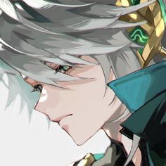 an anime character with white hair and green eyes looks to his left while he's looking off into the distance