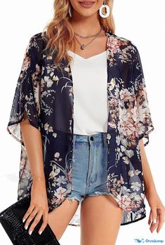 Orcajump - Resort Chiffon Printed Kimono - Beach Bikini Cover Up with Sleeve Protection Print Kimonos, Cover Up, Chiffon, Clothes