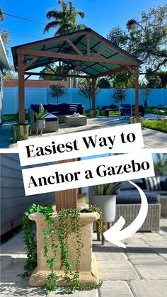 easiest way to anchor a gazebo Gazebo Landscape Ideas, Diy Hardtop Gazebo, Backyard Patio Gazebo Ideas, Diy Backyard Pergola Ideas, Easy Diy Gazebo Simple, Garden Shelter Ideas Diy, Patio Gazebo Ideas On A Budget, Outdoor Gazebo Decor