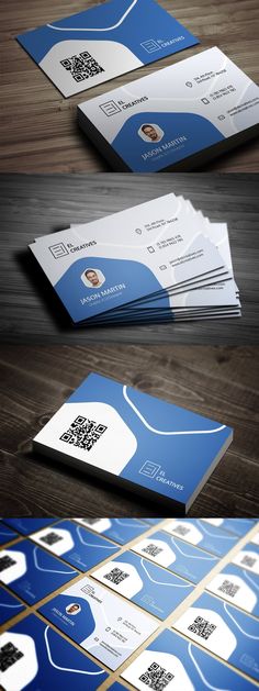 business card mock up with blue and white designs on the front, back and sides