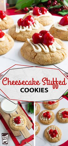 cookies with cherries and whipped cream are on a red tray next to a sign that says cheesecake stuffed cookies