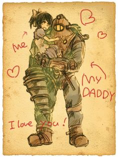 a drawing of a man holding a child in his arms with the words i love you daddy