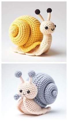 two crocheted snails sitting next to each other