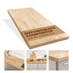 the butcher block countertop is made out of wood and has an advertise on it