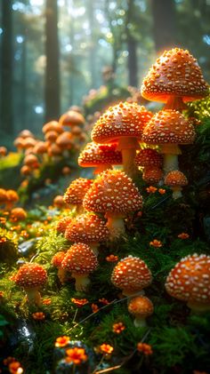 many mushrooms are growing on the mossy ground in the forest, with sunlight shining through the trees