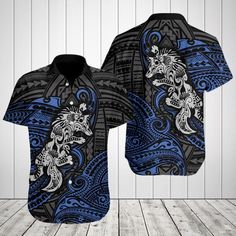 Polynesian Wolf Pattern Blue Shirts These shirts are custom-made-to-order and handcrafted to the highest quality standards. Each shirt is constructed from a premium polyester blend that is ultra-soft and incredibly comfortable. Features a specialty high definition heat-dye application that ensures long lasting color vibrancy even after machine washing. Fabric is durable and resistant to wrinkles, shrinking and mildew. Each shirt is custom printed, cut and sewn just for you when you place your or Blue Hawaiian Shirt With Sublimation Print, Blue Short Sleeve Hawaiian Shirt With Sublimation Print, Blue Sublimation Print Short Sleeve Hawaiian Shirt, Blue Hawaiian Shirt With All Over Print, Wolf Pattern, Blue Shirts, Blue Shirt, High Definition, Wrinkles