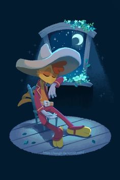 a cat in a cowboy hat sitting on a bench looking out a window at the stars