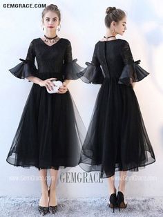 10% off now|Free shipping world-wide. Black Tea Length Retro Homecoming Dress Lace With Flare Sleeves at GemGrace. Click to learn our pro custom-made service for wedding dress, formal dress. View #HomecomingDresses for more ideas. Black Lace Midi Dress For Prom, Black Lace Trim Midi Dress For Wedding, Black Midi Lace Dress For Wedding, Black Lace Tea-length Dresses, Midi Homecoming Dresses, Cheap Homecoming Dresses, Homecoming Dresses Long, Black Retro, Flare Sleeves