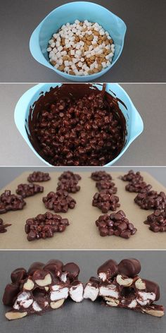 three different views of chocolate and marshmallows being made in the shape of letters