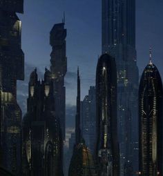 a futuristic city at night with skyscrapers lit up in the sky and lights on