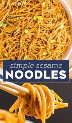 noodles in a bowl with chopsticks and the words simple sesame noodles on top