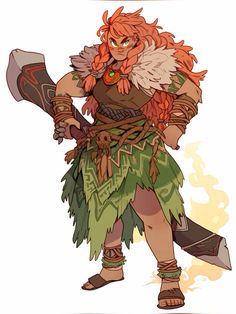 an orange haired woman in a green skirt and brown boots holding a large ax blade