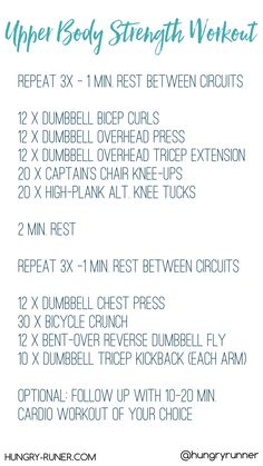 the upper body strength workout plan is shown in blue and white with text that reads upper body